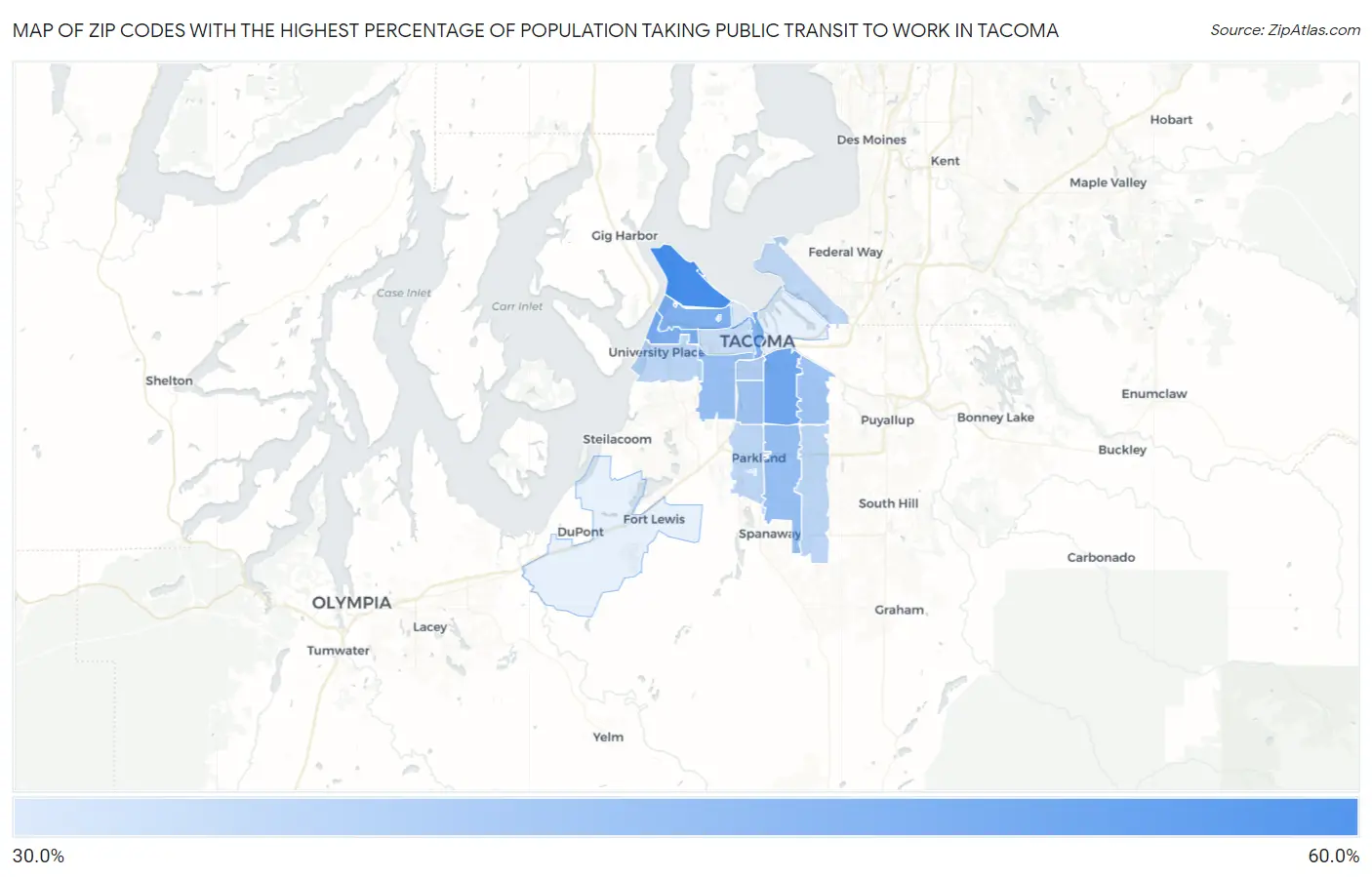Zip Codes with the Highest Percentage of Population Taking Public Transit to Work in Tacoma Map