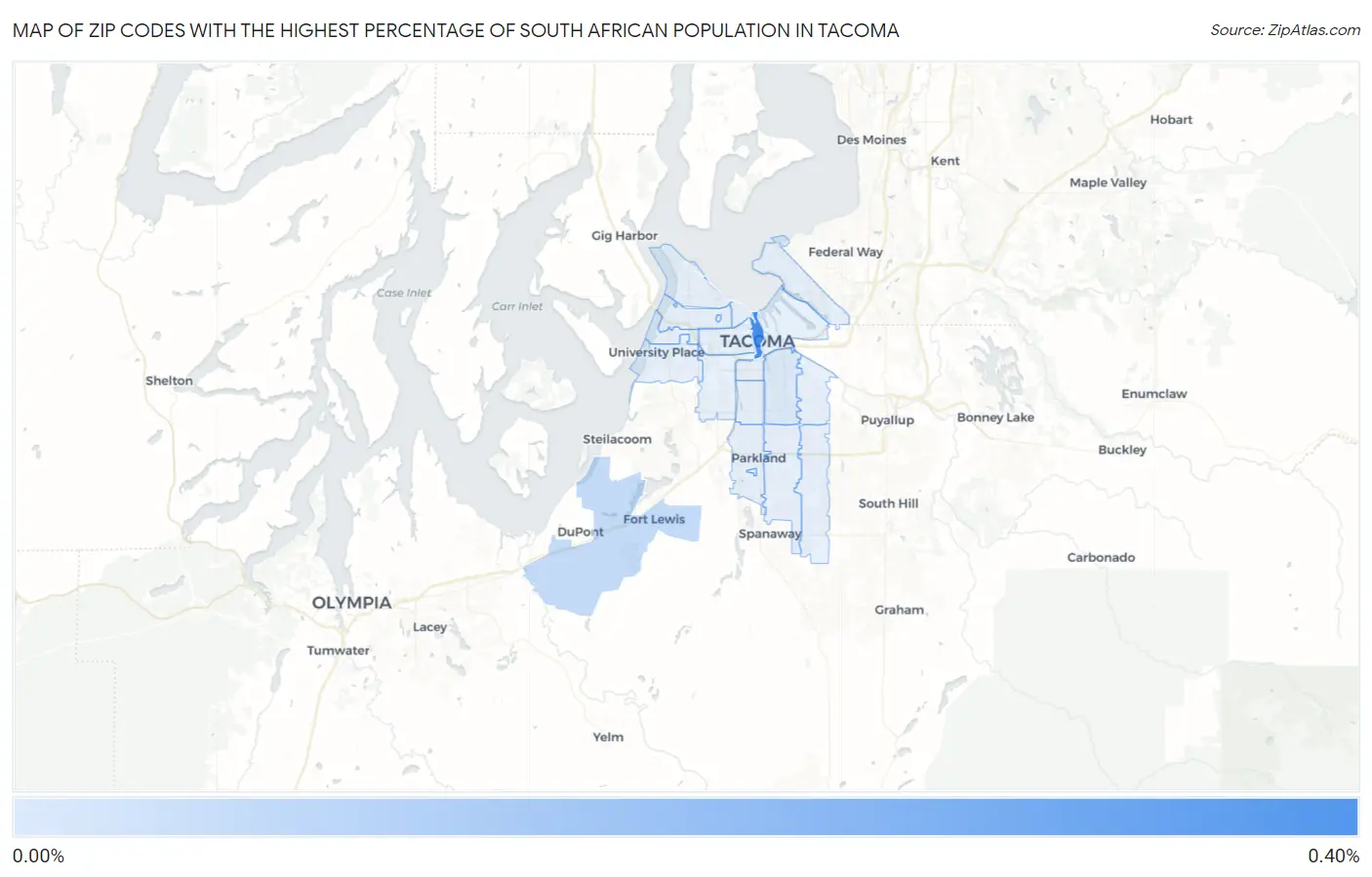 Zip Codes with the Highest Percentage of South African Population in Tacoma Map