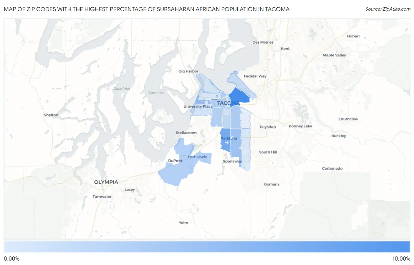 Zip Codes with the Highest Percentage of Subsaharan African Population in Tacoma Map