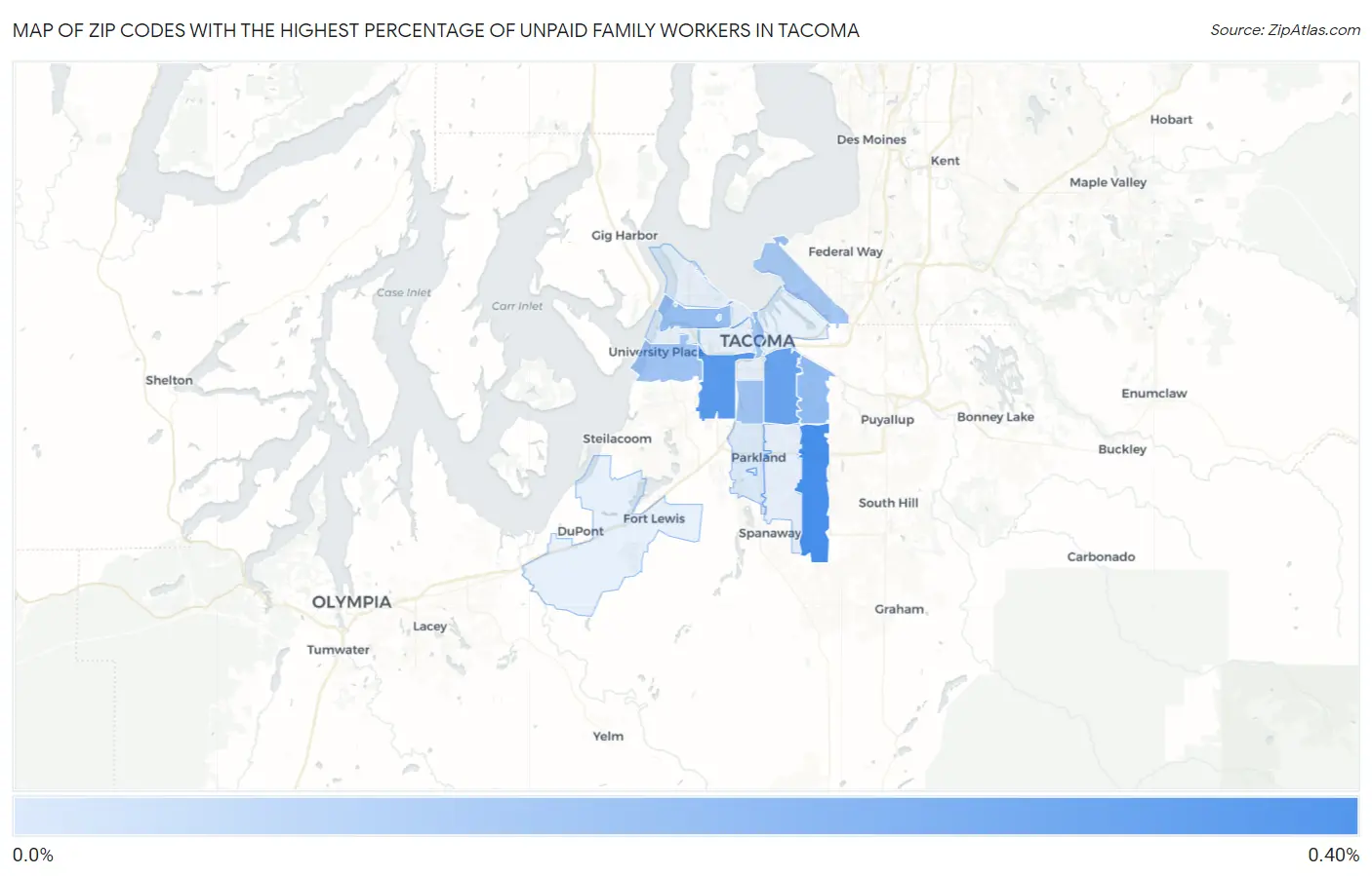 Zip Codes with the Highest Percentage of Unpaid Family Workers in Tacoma Map