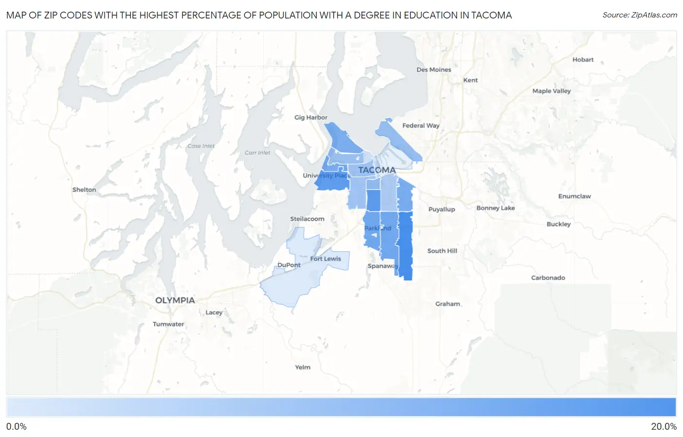 Zip Codes with the Highest Percentage of Population with a Degree in Education in Tacoma Map