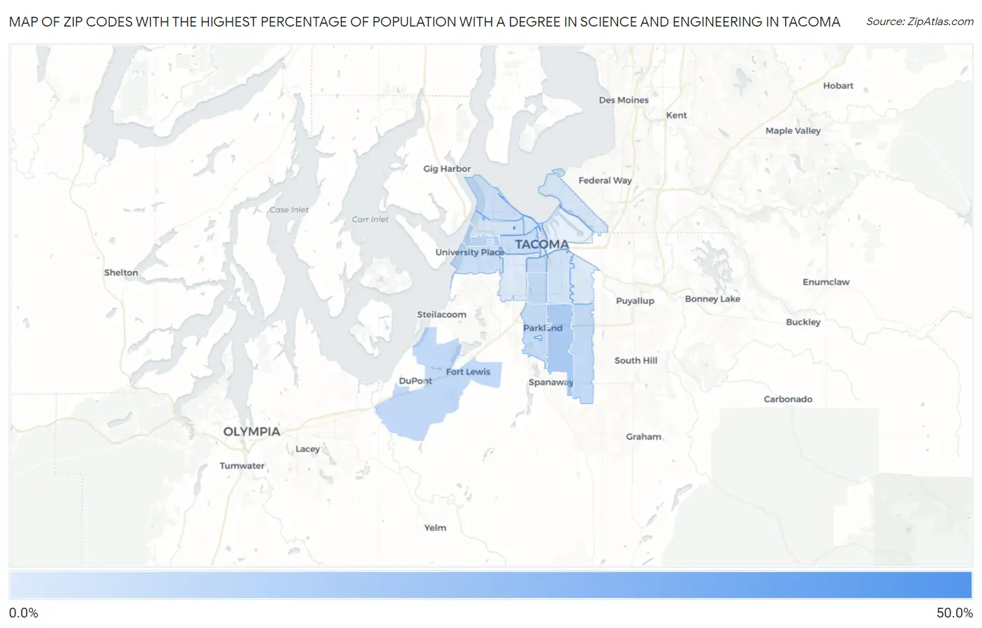 Zip Codes with the Highest Percentage of Population with a Degree in Science and Engineering in Tacoma Map