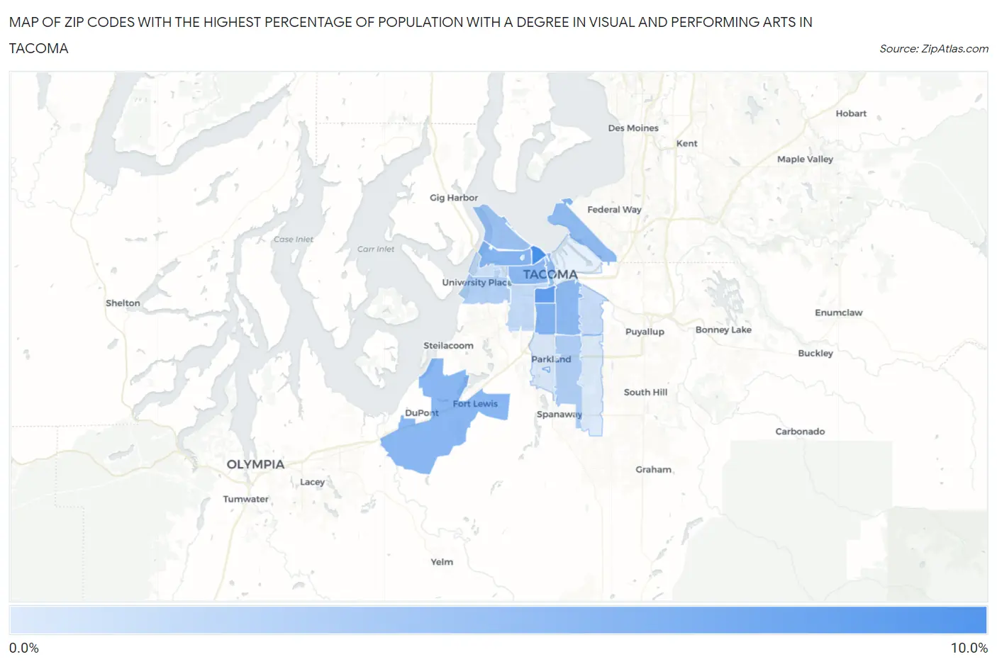 Zip Codes with the Highest Percentage of Population with a Degree in Visual and Performing Arts in Tacoma Map