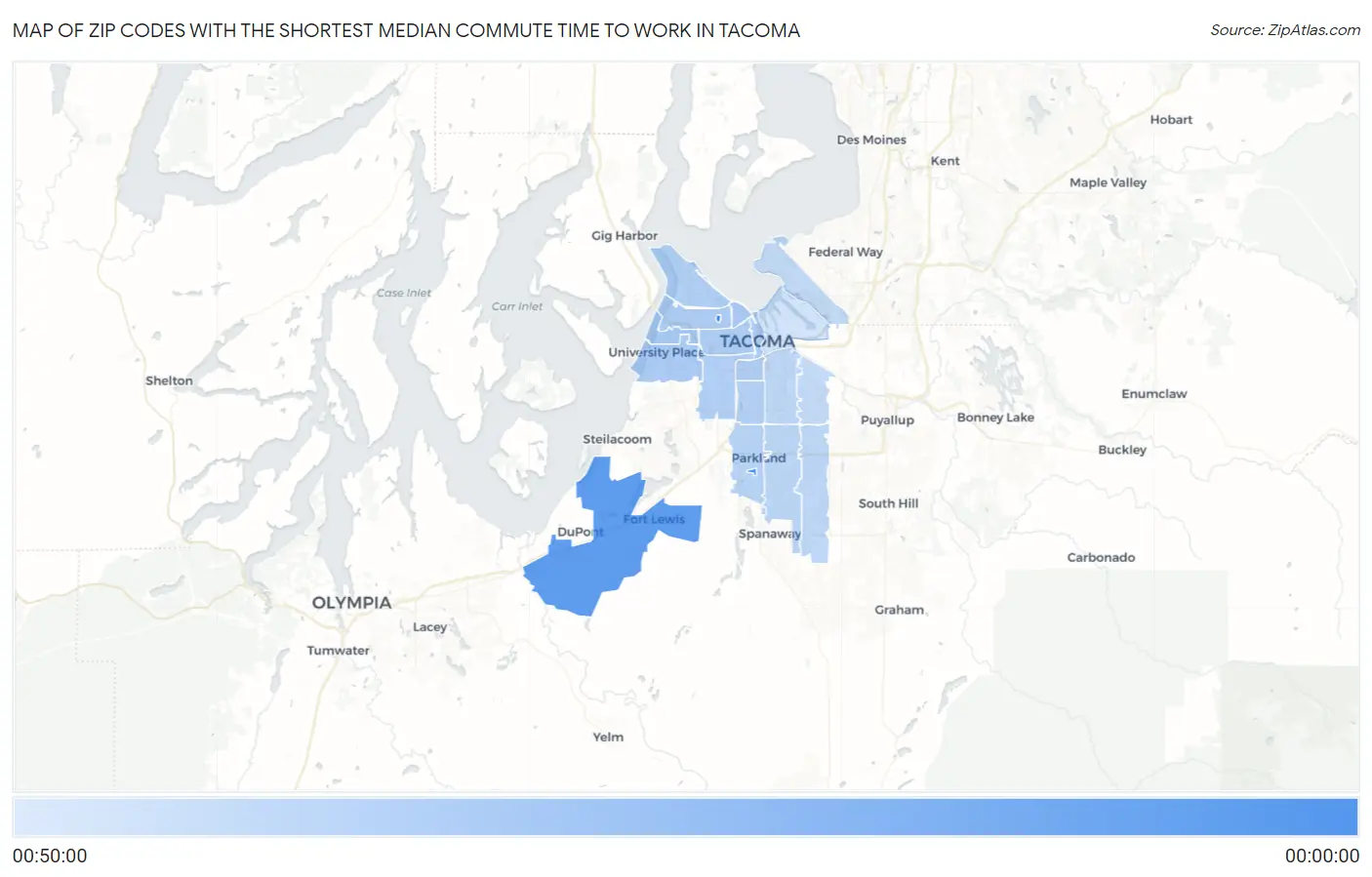 Zip Codes with the Shortest Median Commute Time to Work in Tacoma Map