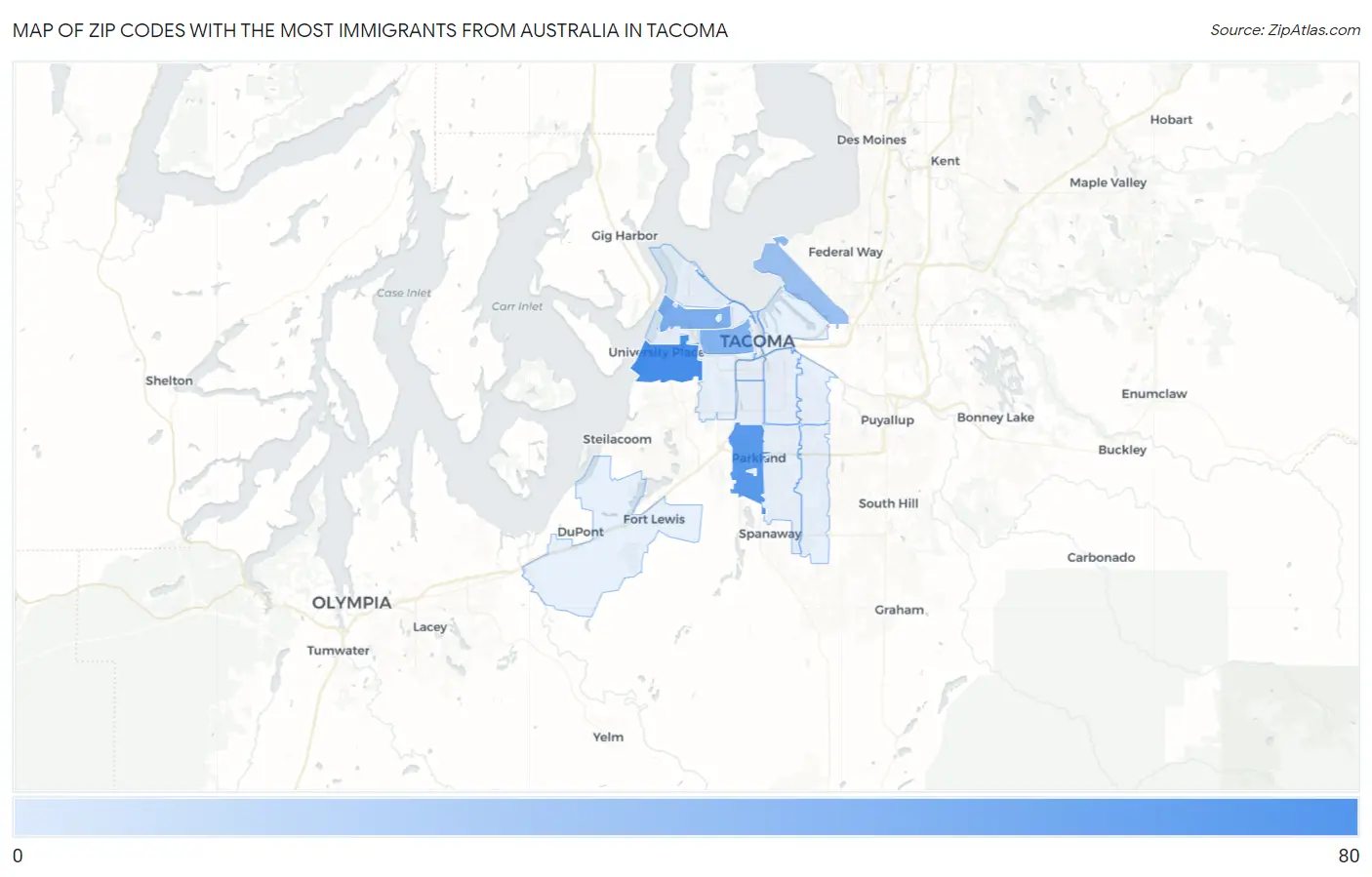 Zip Codes with the Most Immigrants from Australia in Tacoma Map