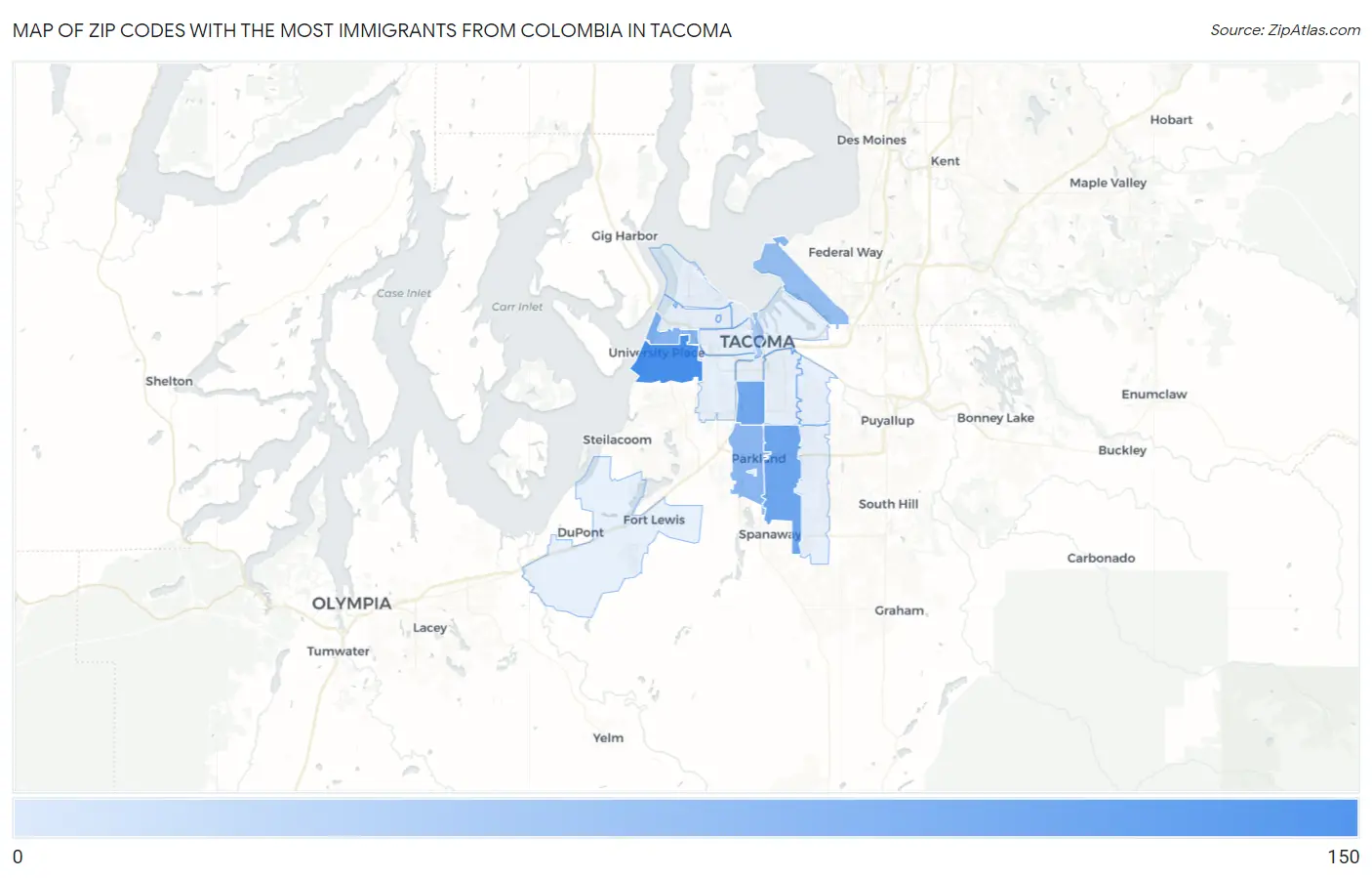 Zip Codes with the Most Immigrants from Colombia in Tacoma Map