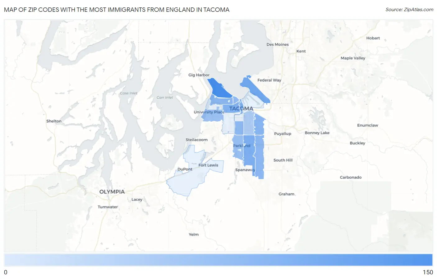 Zip Codes with the Most Immigrants from England in Tacoma Map