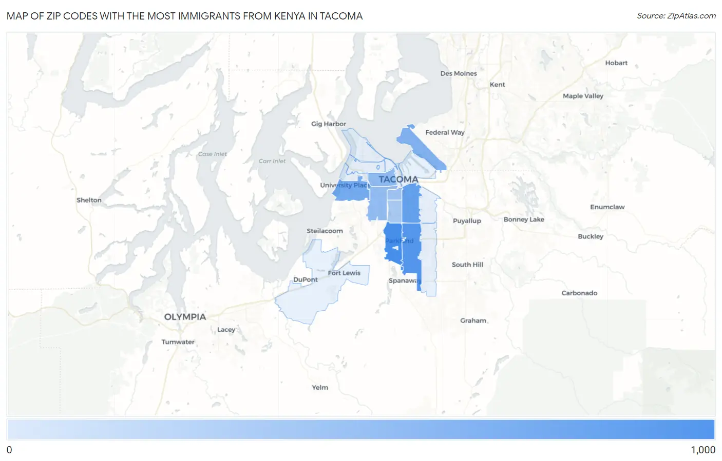 Zip Codes with the Most Immigrants from Kenya in Tacoma Map