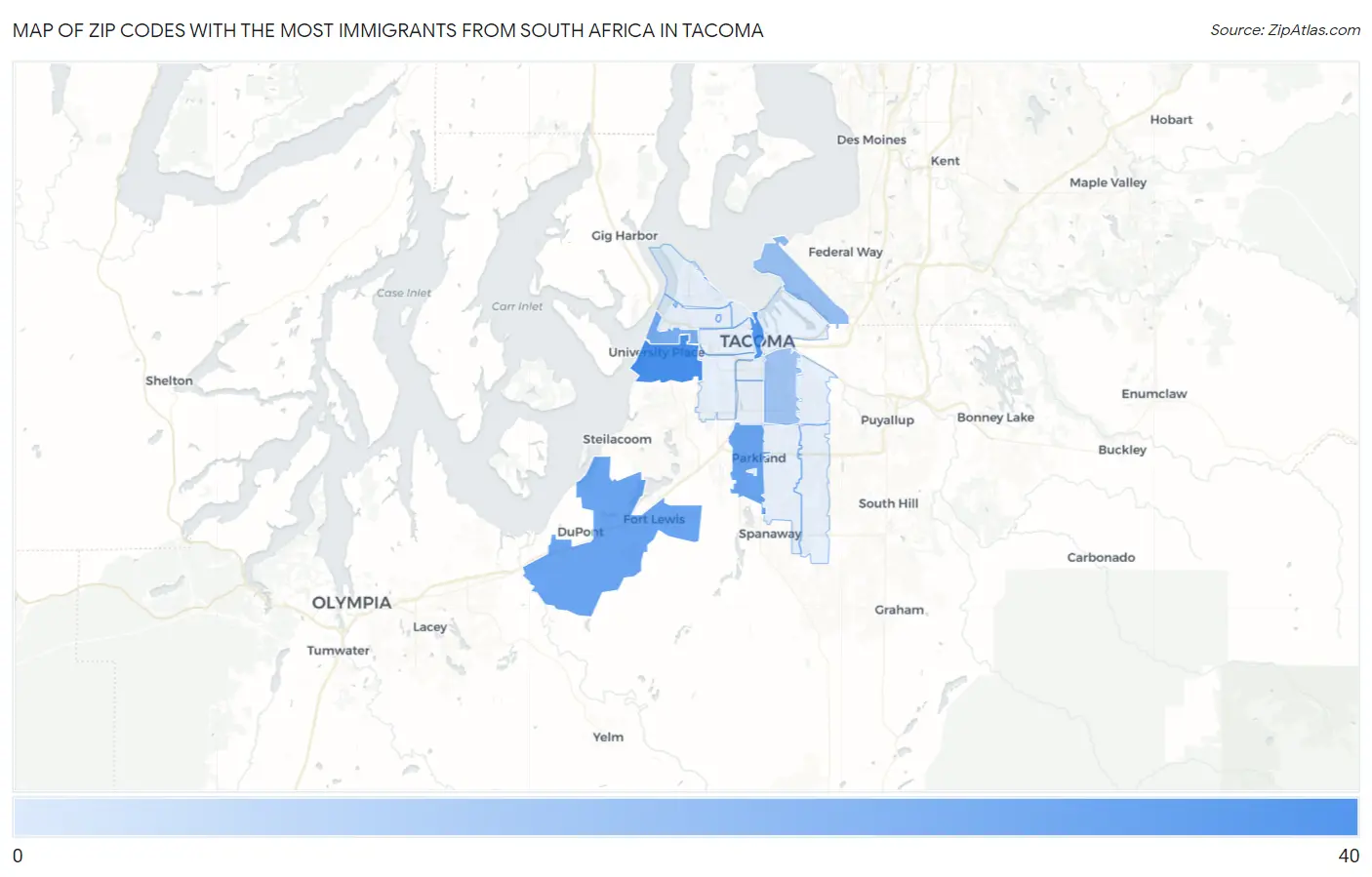 Zip Codes with the Most Immigrants from South Africa in Tacoma Map