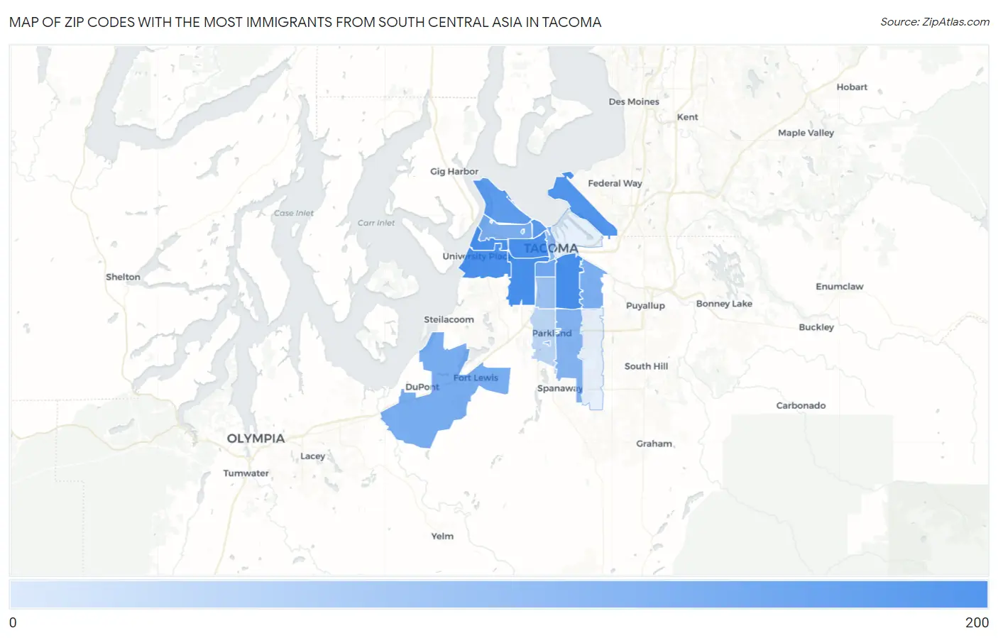 Zip Codes with the Most Immigrants from South Central Asia in Tacoma Map