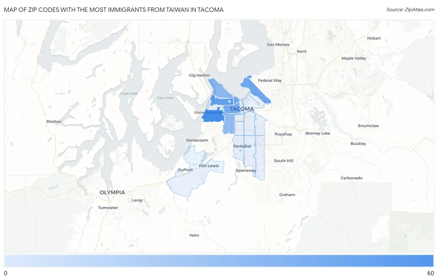 Zip Codes with the Most Immigrants from Taiwan in Tacoma Map