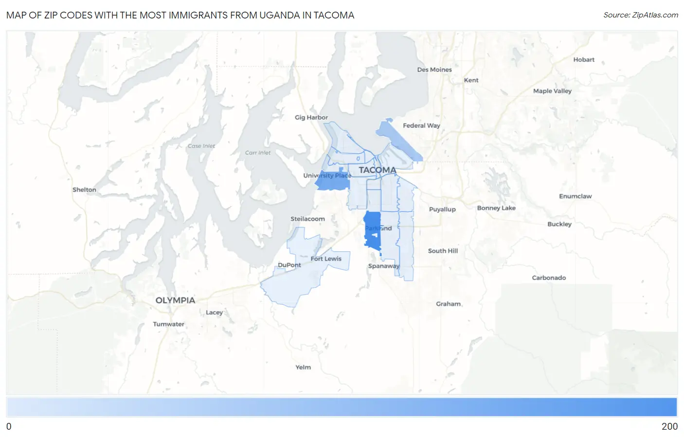 Zip Codes with the Most Immigrants from Uganda in Tacoma Map