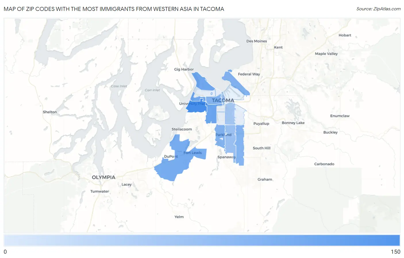 Zip Codes with the Most Immigrants from Western Asia in Tacoma Map