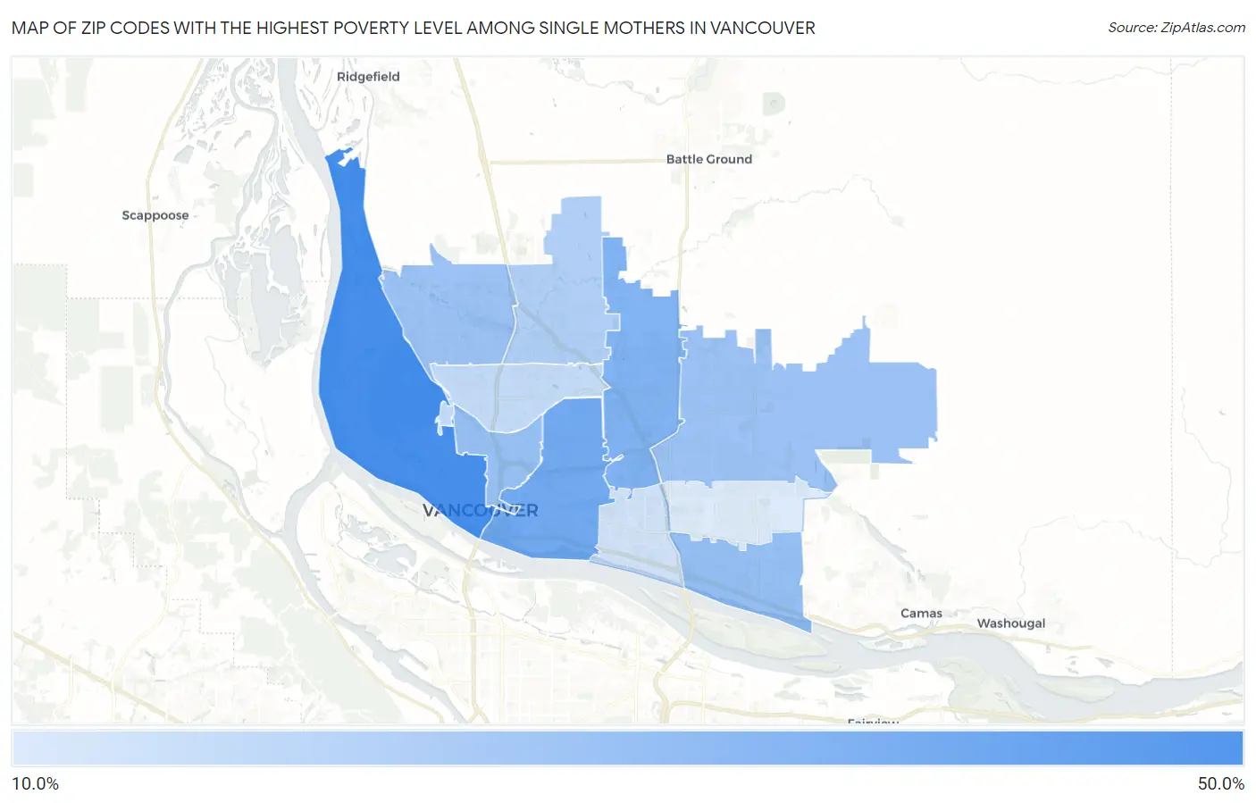 Zip Codes with the Highest Poverty Level Among Single Mothers in Vancouver Map