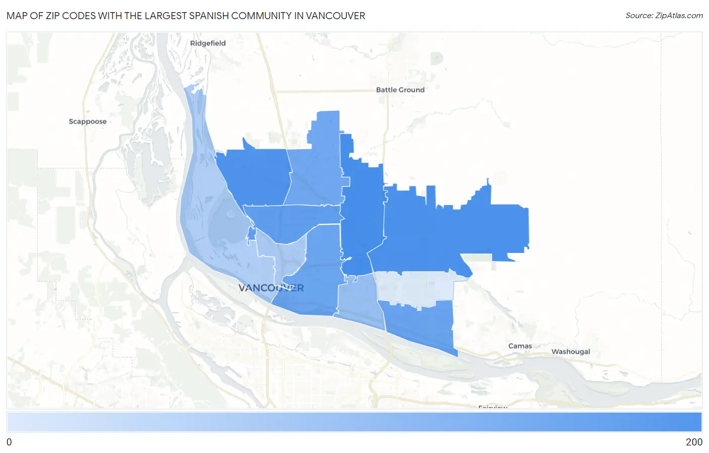 Zip Codes with the Largest Spanish Community in Vancouver Map