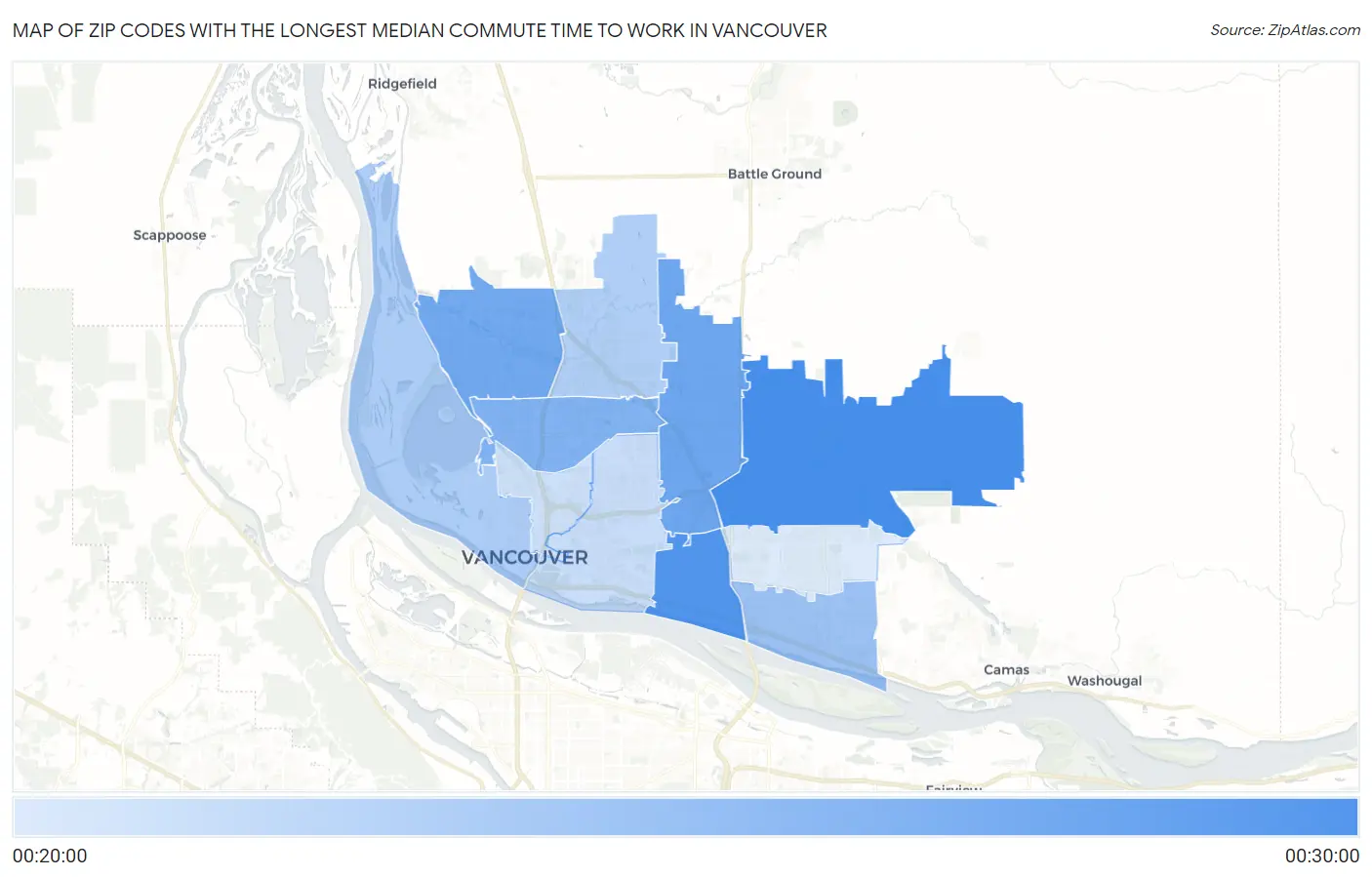 Zip Codes with the Longest Median Commute Time to Work in Vancouver Map