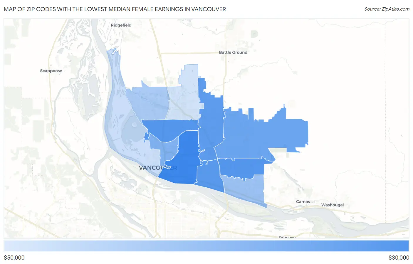 Zip Codes with the Lowest Median Female Earnings in Vancouver Map