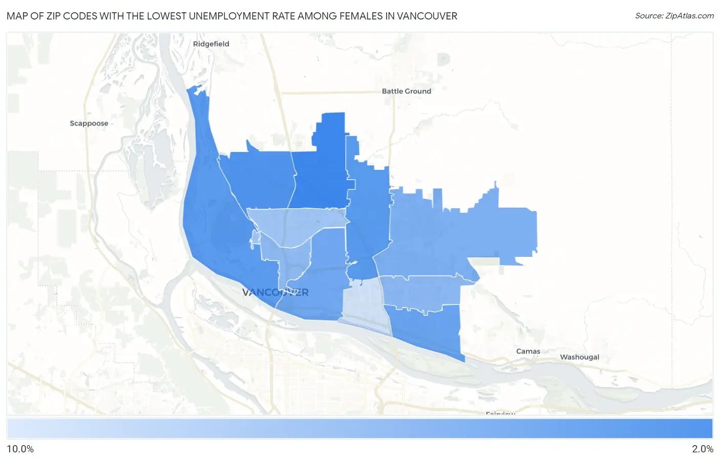 Zip Codes with the Lowest Unemployment Rate Among Females in Vancouver Map