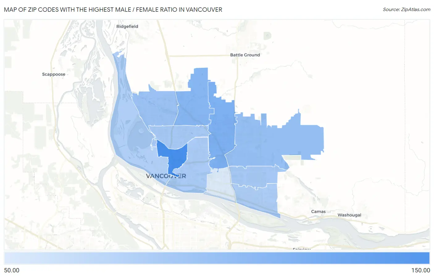 Zip Codes with the Highest Male / Female Ratio in Vancouver Map