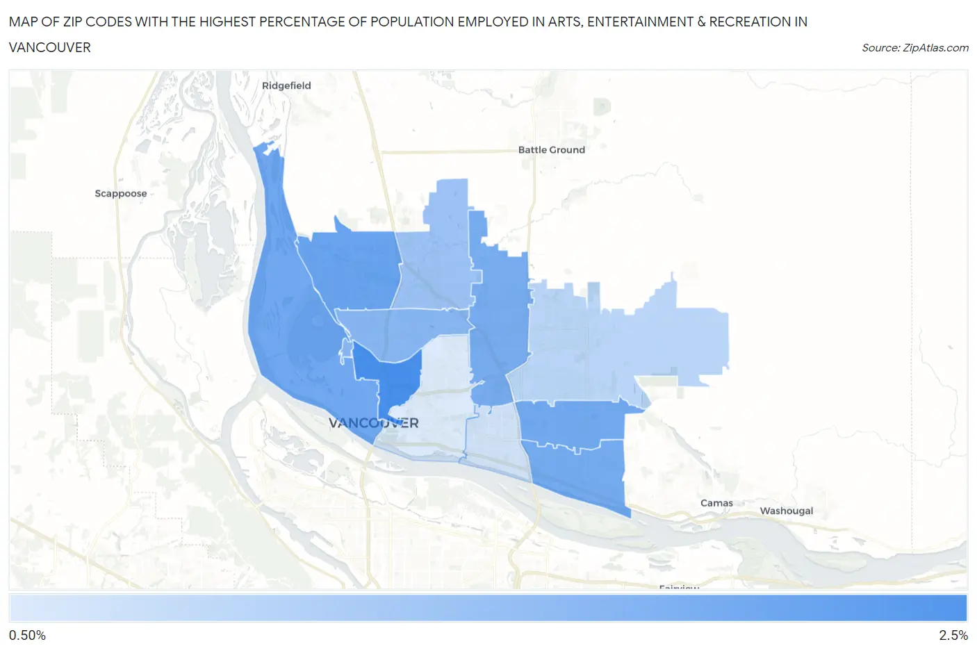 Zip Codes with the Highest Percentage of Population Employed in Arts, Entertainment & Recreation in Vancouver Map