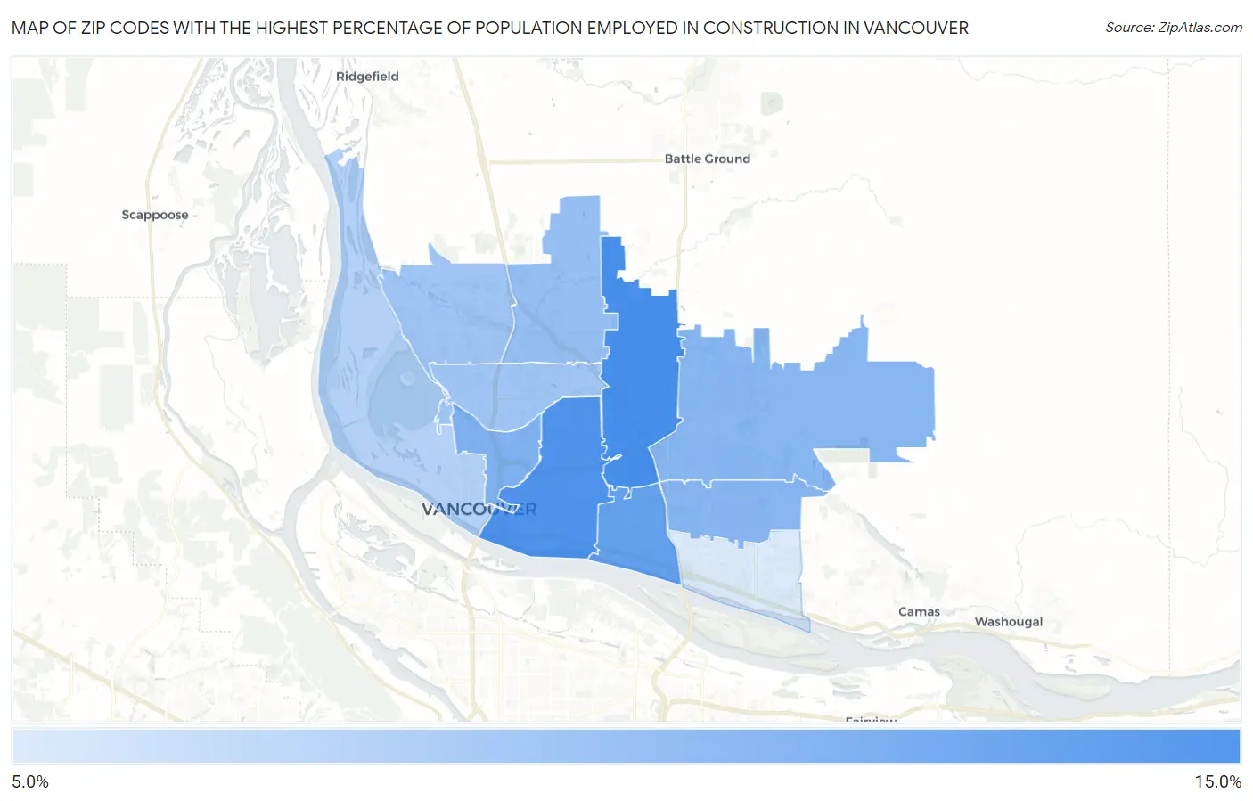 Zip Codes with the Highest Percentage of Population Employed in Construction in Vancouver Map