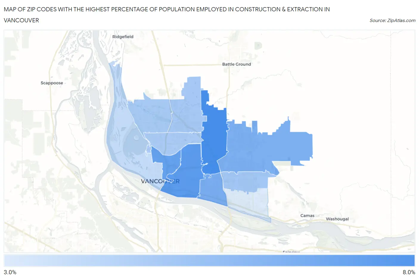 Zip Codes with the Highest Percentage of Population Employed in Construction & Extraction in Vancouver Map