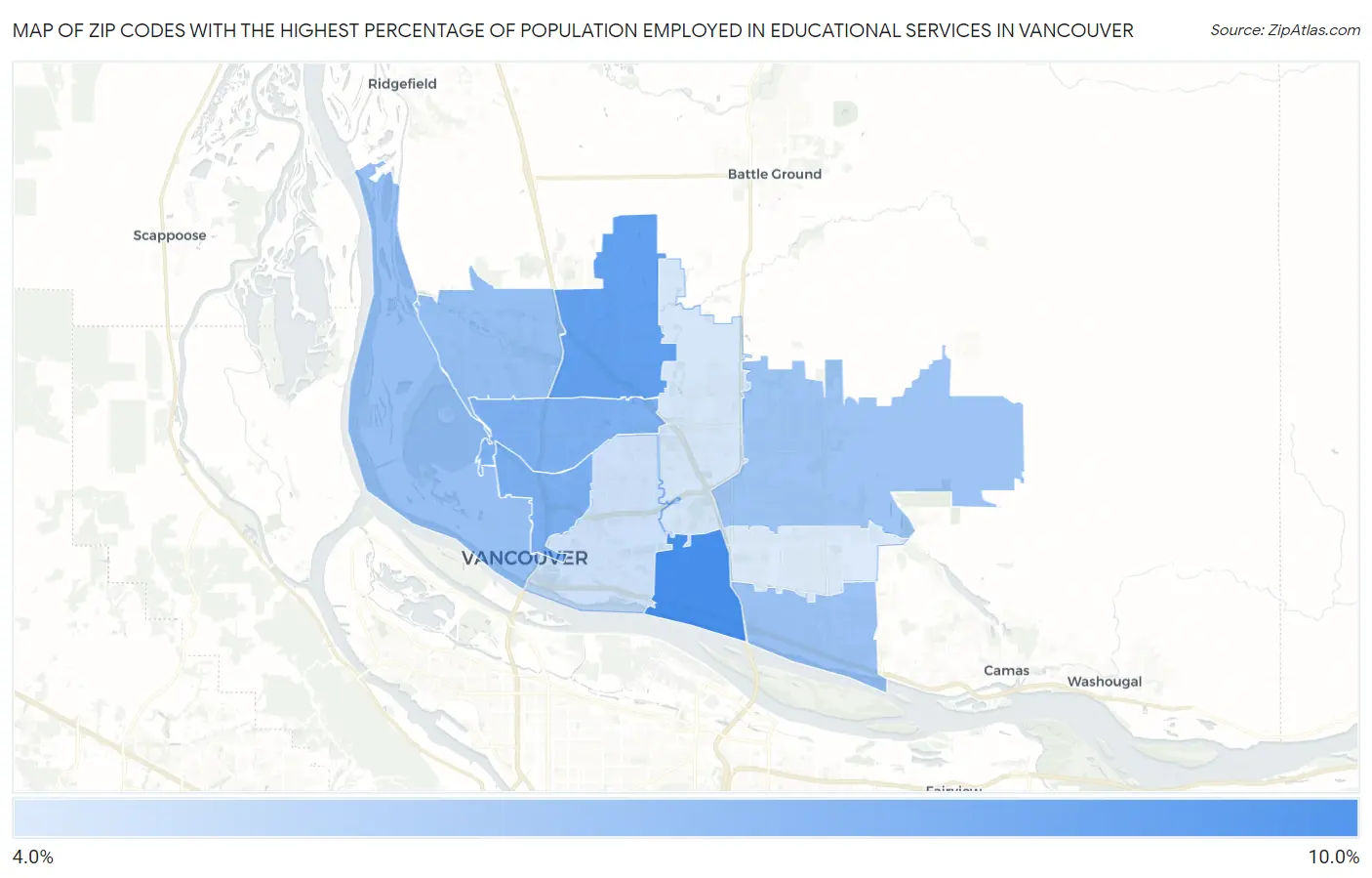 Zip Codes with the Highest Percentage of Population Employed in Educational Services in Vancouver Map