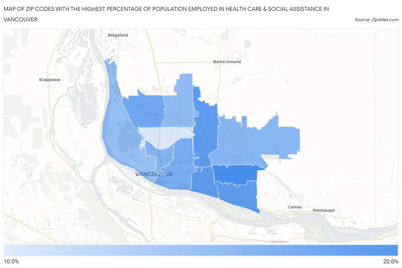Zip Codes with the Highest Percentage of Population Employed in Health Care & Social Assistance in Vancouver Map