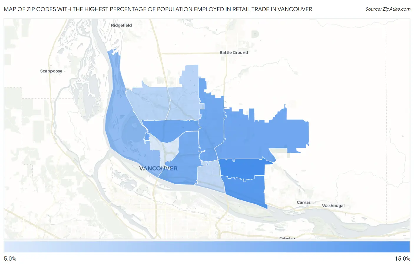 Zip Codes with the Highest Percentage of Population Employed in Retail Trade in Vancouver Map