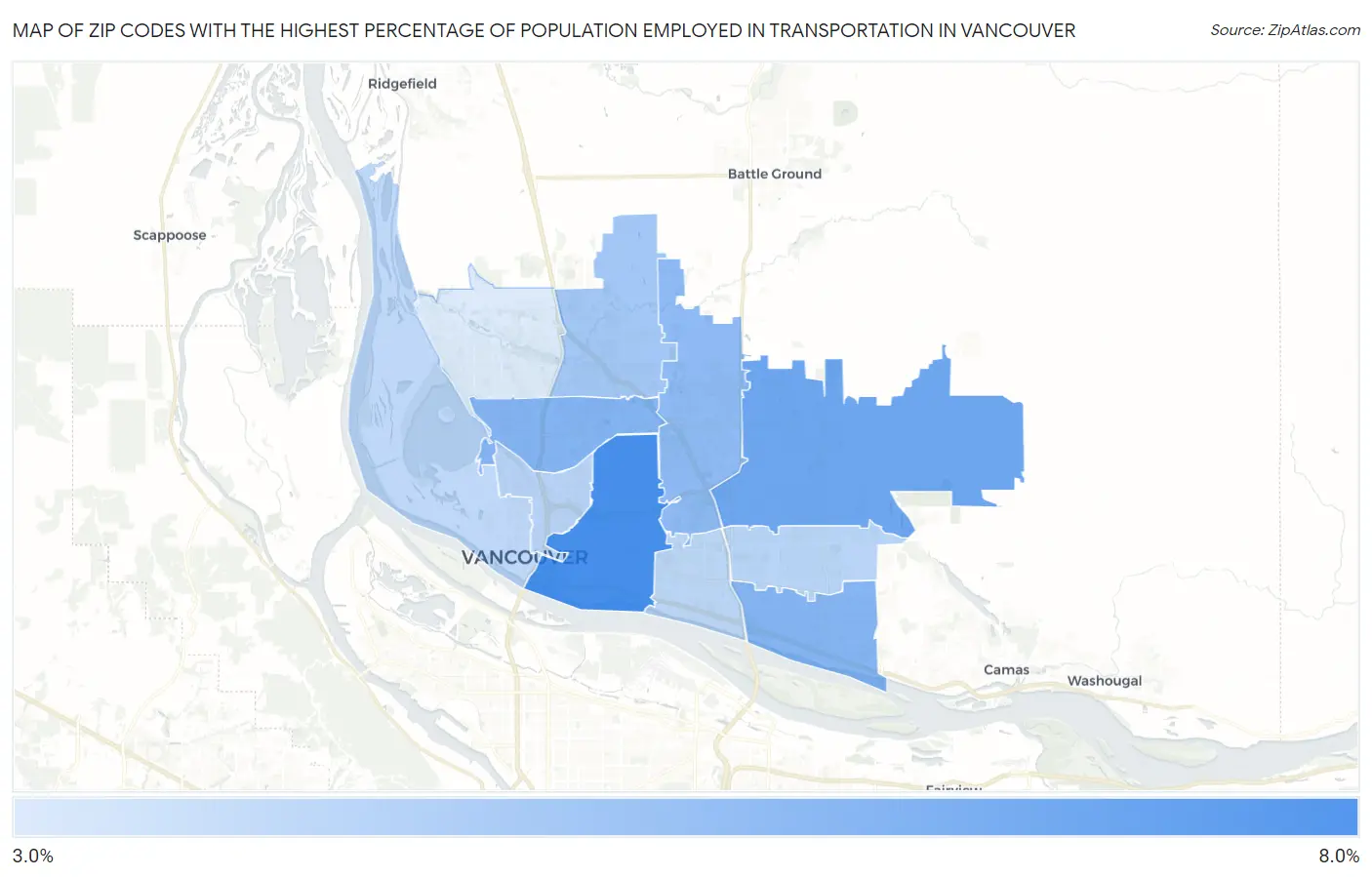 Zip Codes with the Highest Percentage of Population Employed in Transportation in Vancouver Map