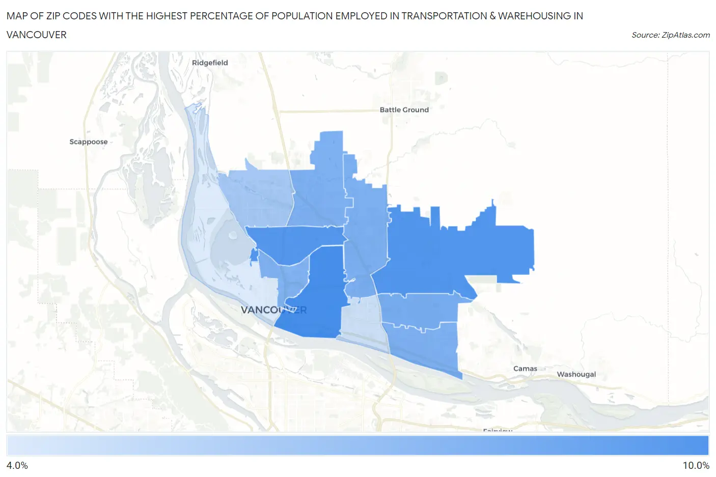 Zip Codes with the Highest Percentage of Population Employed in Transportation & Warehousing in Vancouver Map