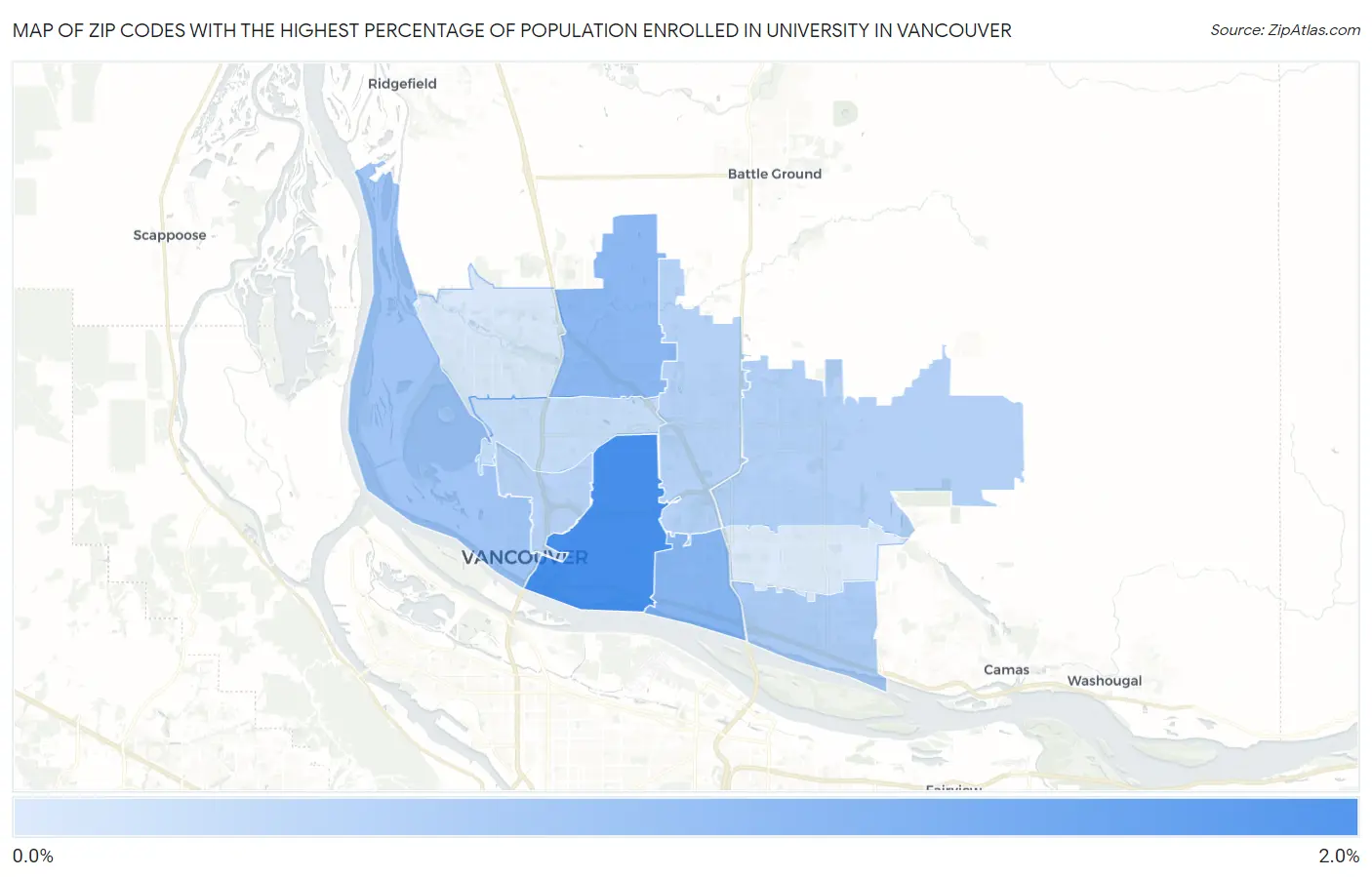 Zip Codes with the Highest Percentage of Population Enrolled in University in Vancouver Map