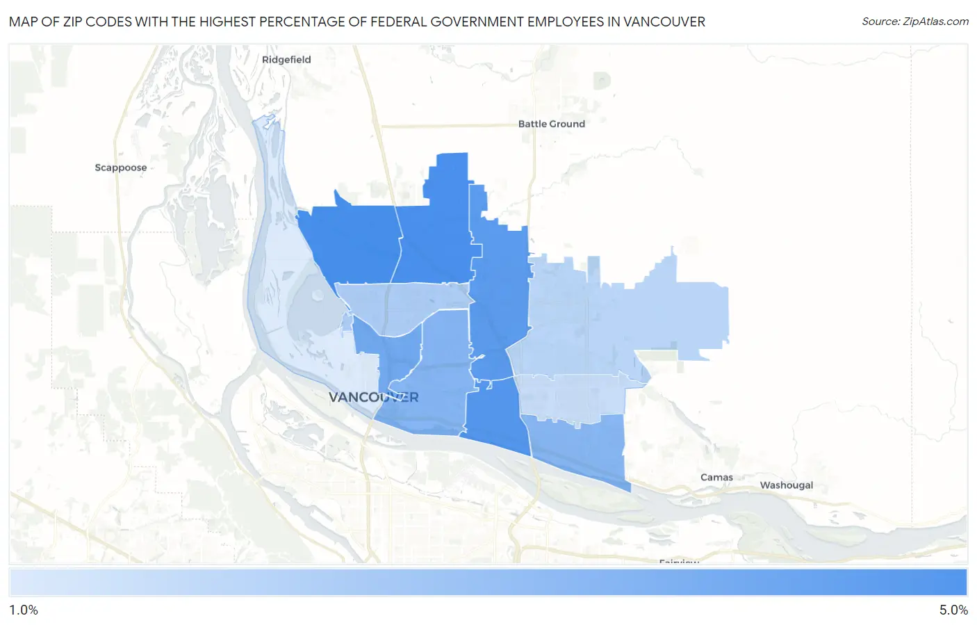 Zip Codes with the Highest Percentage of Federal Government Employees in Vancouver Map