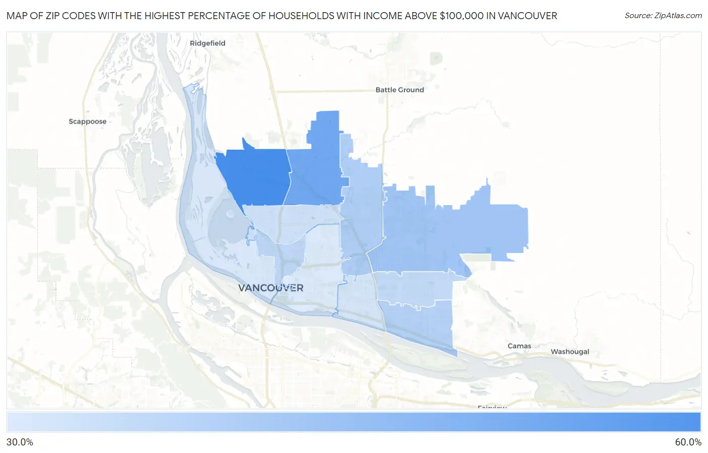 Zip Codes with the Highest Percentage of Households with Income Above $100,000 in Vancouver Map