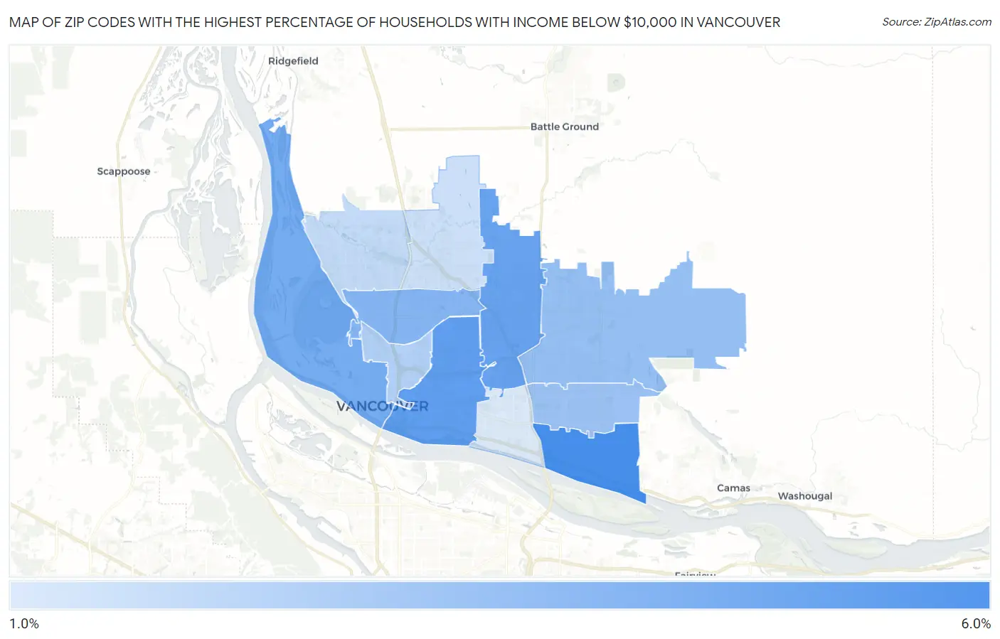 Zip Codes with the Highest Percentage of Households with Income Below $10,000 in Vancouver Map