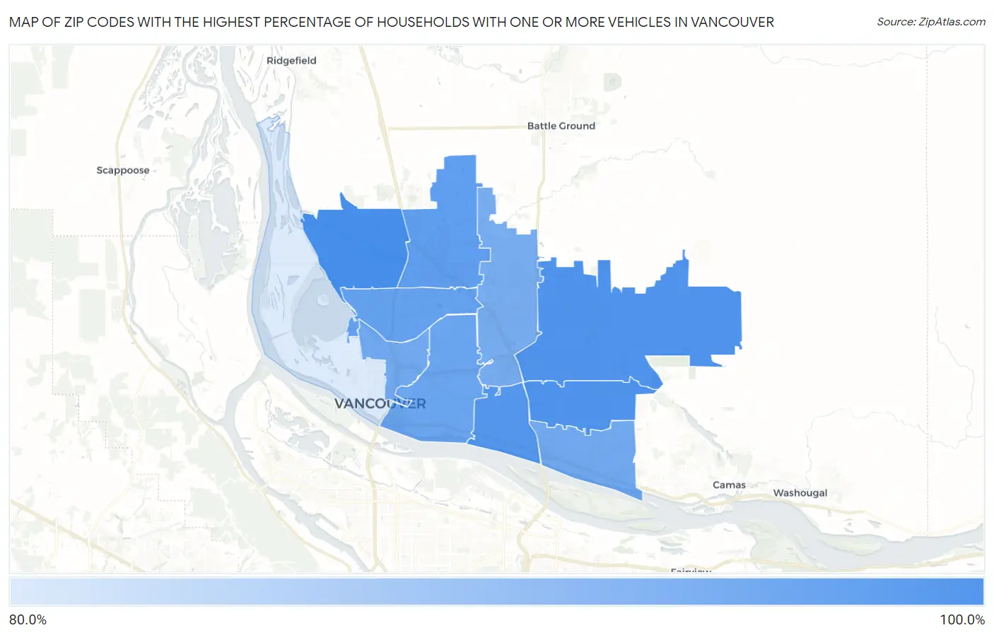 Zip Codes with the Highest Percentage of Households With One or more Vehicles in Vancouver Map
