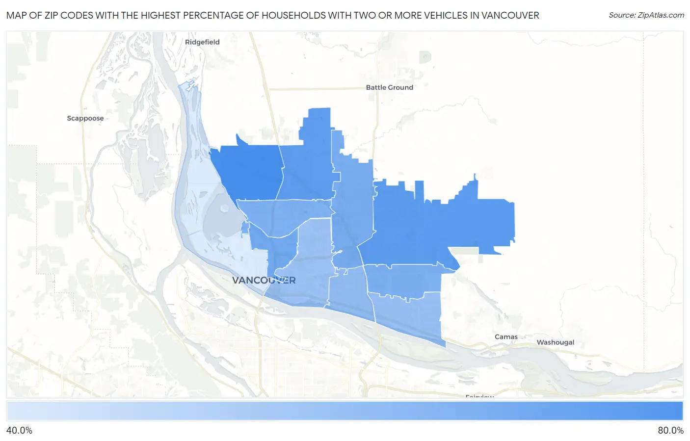 Zip Codes with the Highest Percentage of Households With Two or more Vehicles in Vancouver Map