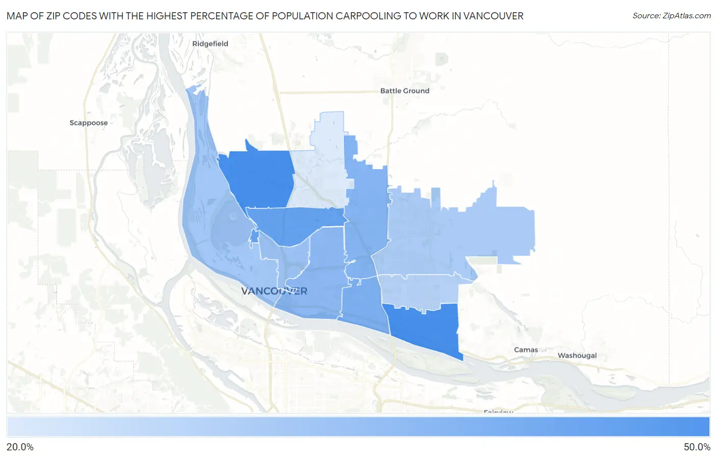 Zip Codes with the Highest Percentage of Population Carpooling to Work in Vancouver Map