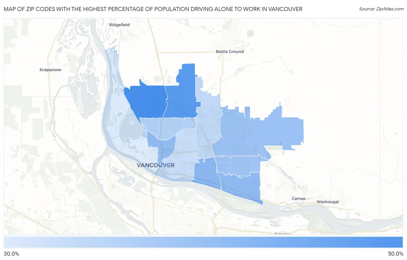 Zip Codes with the Highest Percentage of Population Driving Alone to Work in Vancouver Map