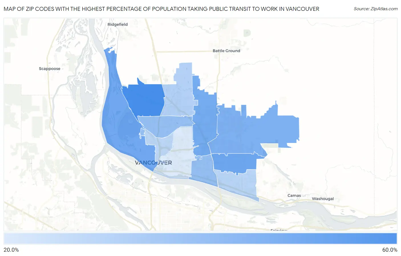 Zip Codes with the Highest Percentage of Population Taking Public Transit to Work in Vancouver Map