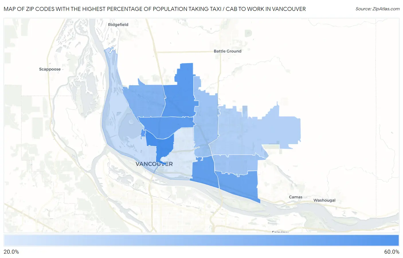 Zip Codes with the Highest Percentage of Population Taking Taxi / Cab to Work in Vancouver Map