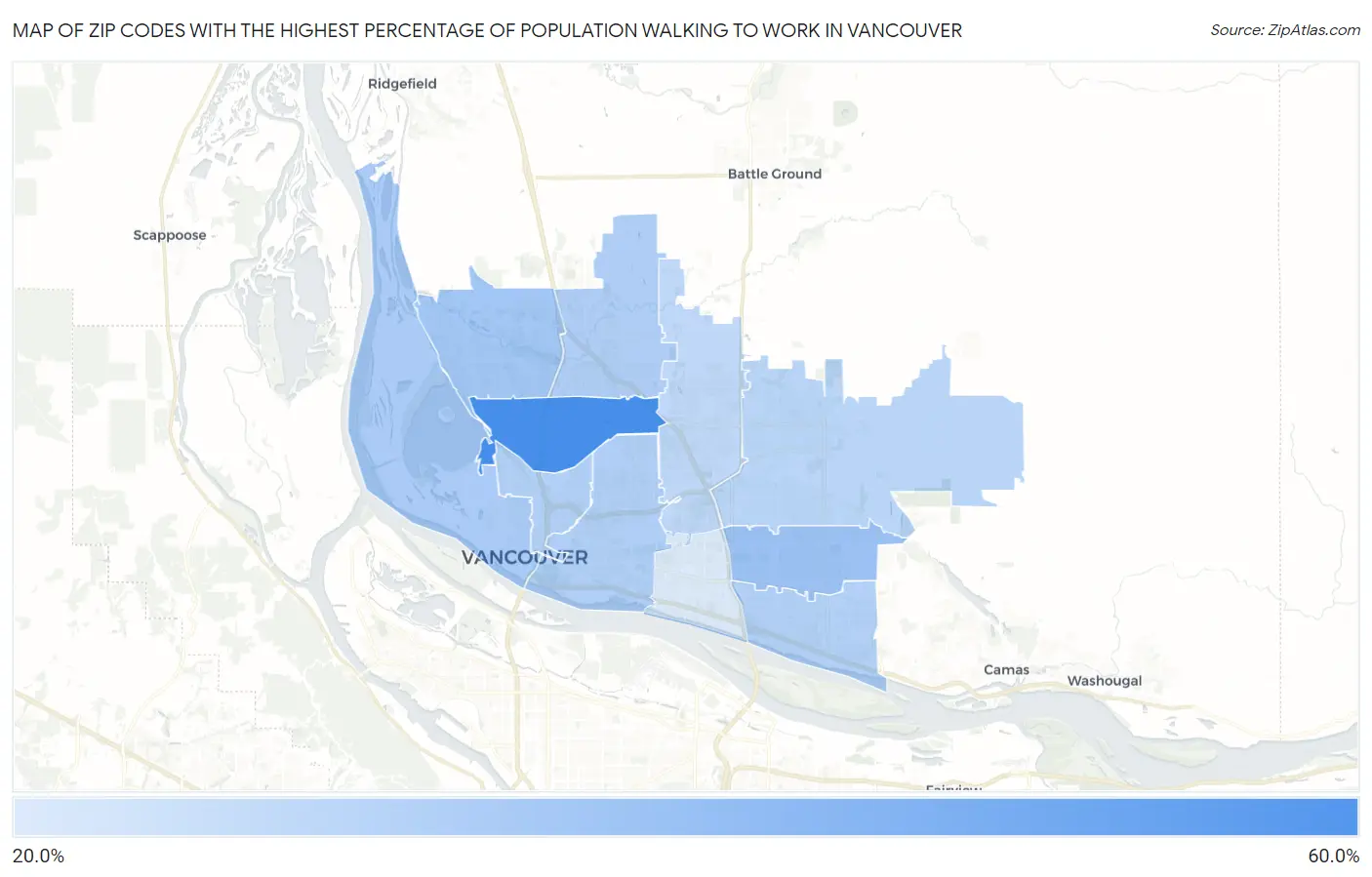 Zip Codes with the Highest Percentage of Population Walking to Work in Vancouver Map