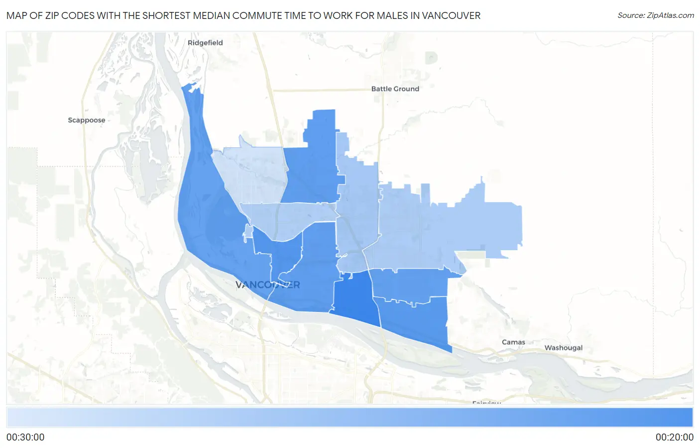 Zip Codes with the Shortest Median Commute Time to Work for Males in Vancouver Map