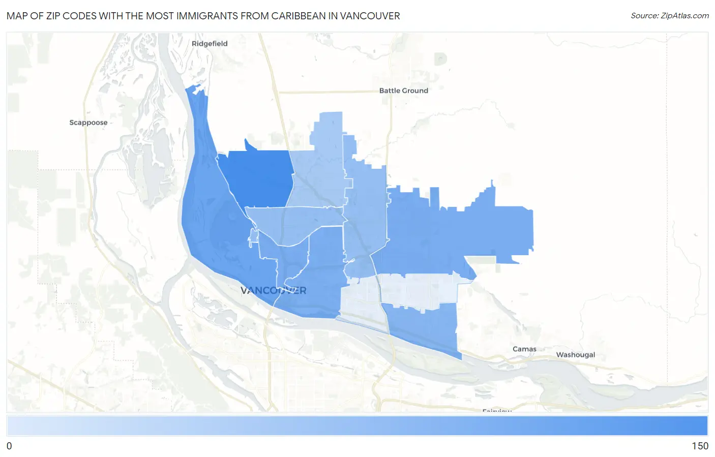 Zip Codes with the Most Immigrants from Caribbean in Vancouver Map