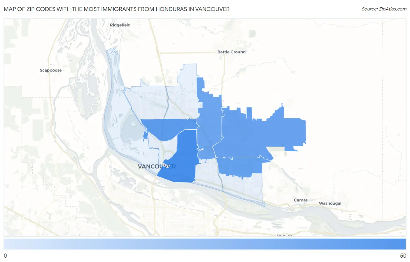Zip Codes with the Most Immigrants from Honduras in Vancouver Map