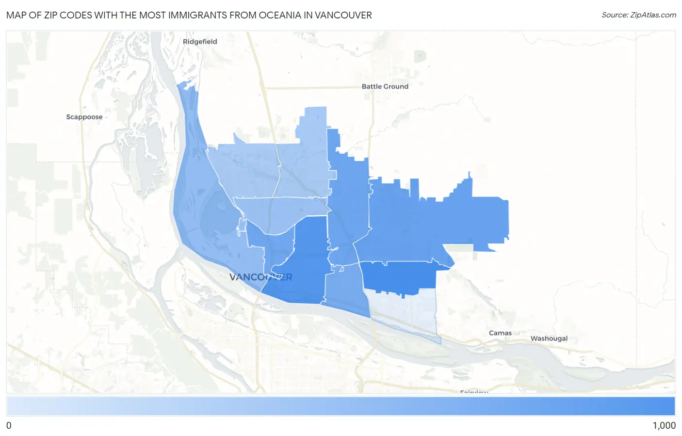 Zip Codes with the Most Immigrants from Oceania in Vancouver Map