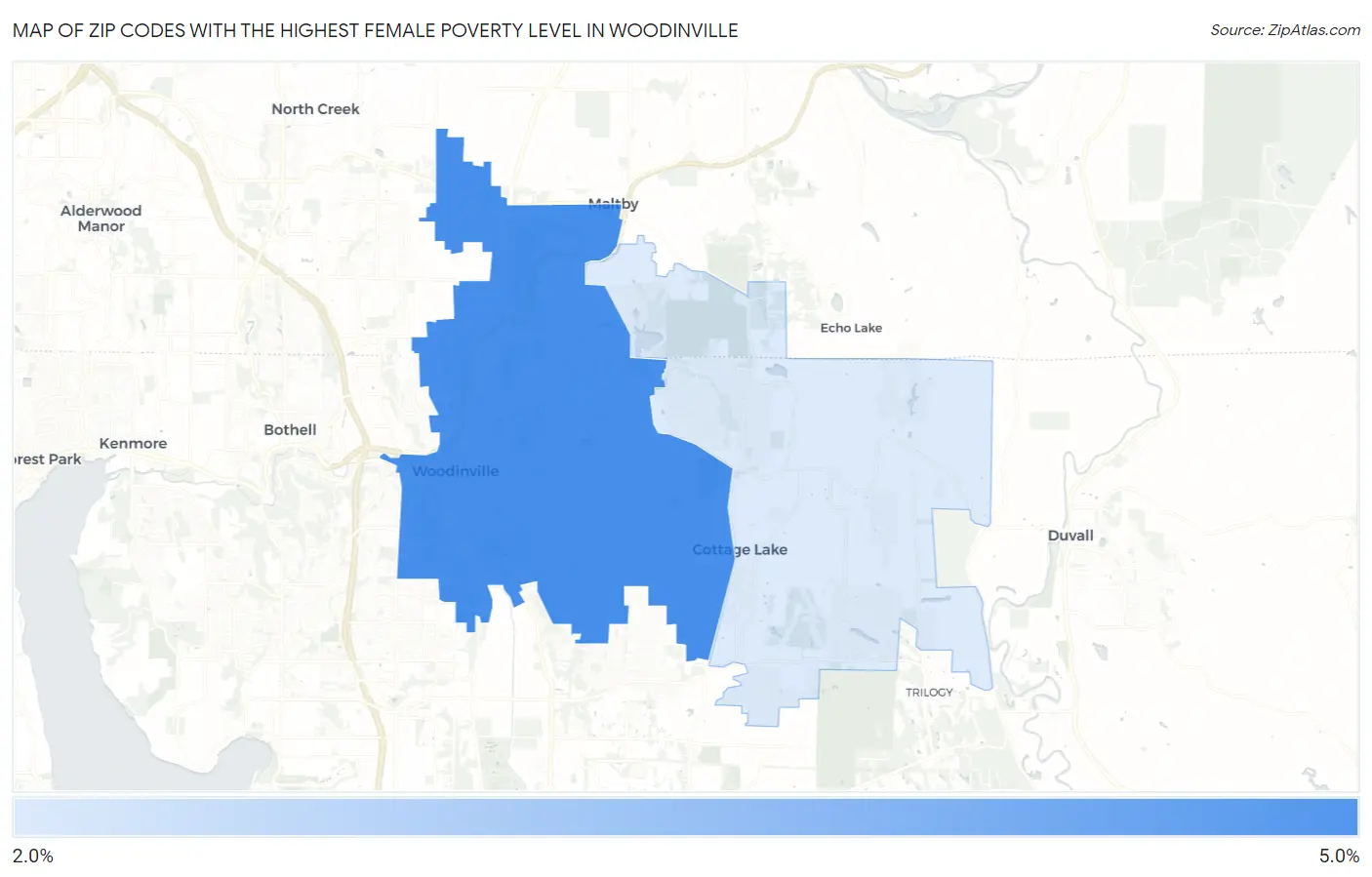 Zip Codes with the Highest Female Poverty Level in Woodinville Map