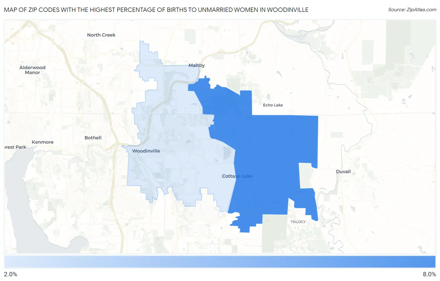 Zip Codes with the Highest Percentage of Births to Unmarried Women in Woodinville Map