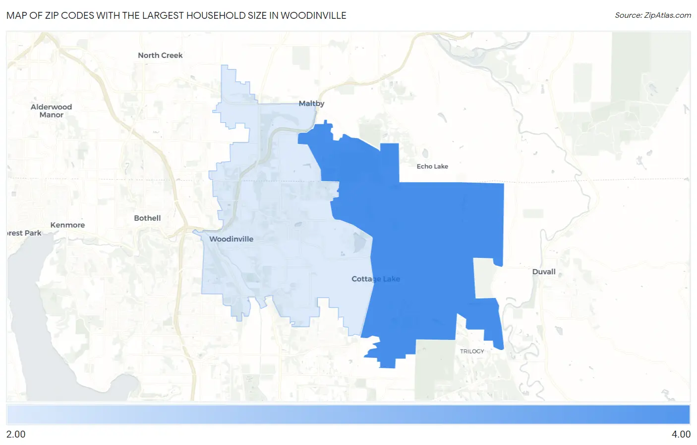 Zip Codes with the Largest Household Size in Woodinville Map
