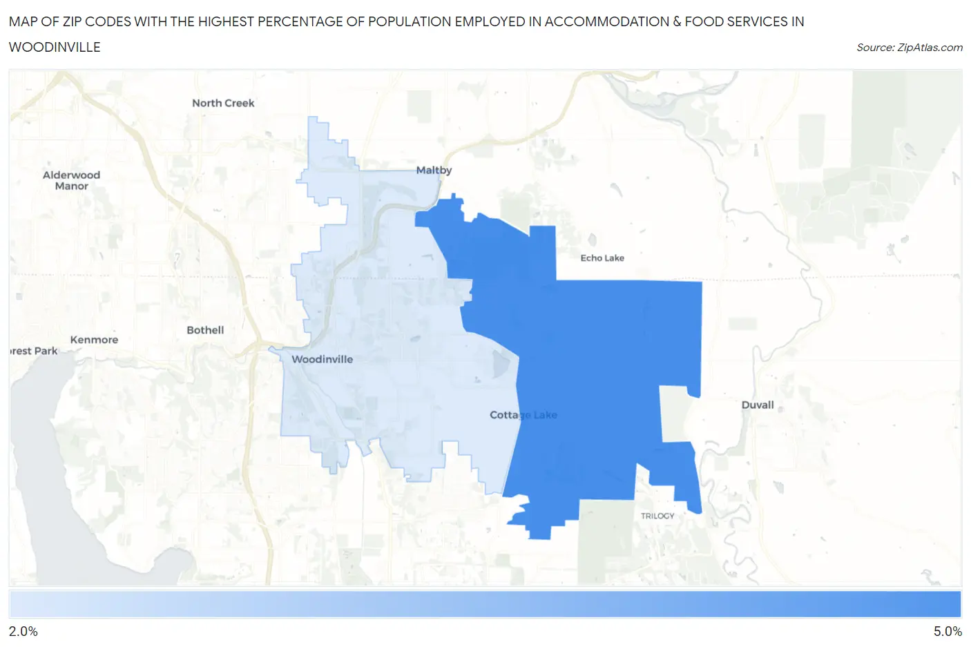 Zip Codes with the Highest Percentage of Population Employed in Accommodation & Food Services in Woodinville Map